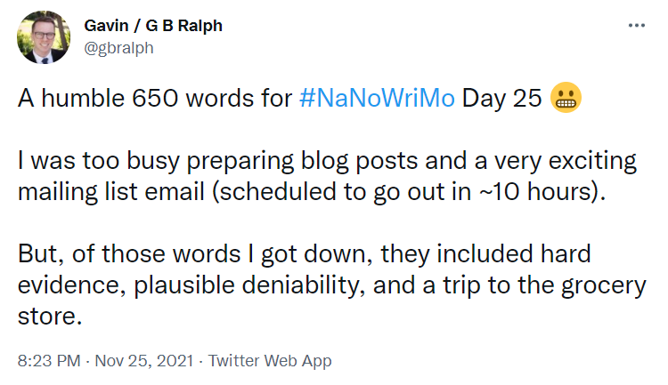 NaNoWriMo 2021 tweet update Day 25