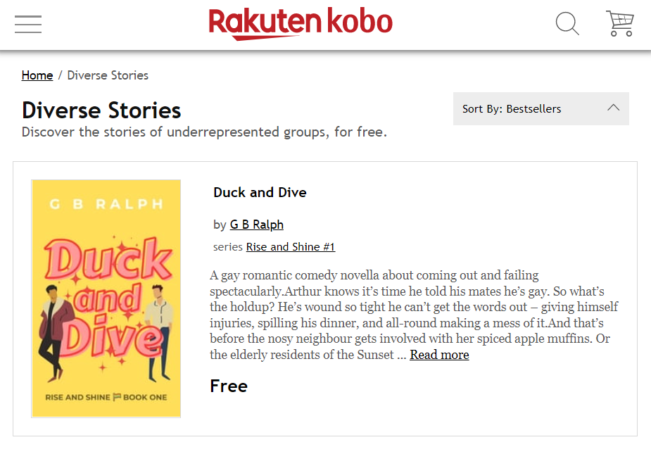 Kobo Diverse Stories promo - free page screenshot. Duck and Dive, gay romcom.